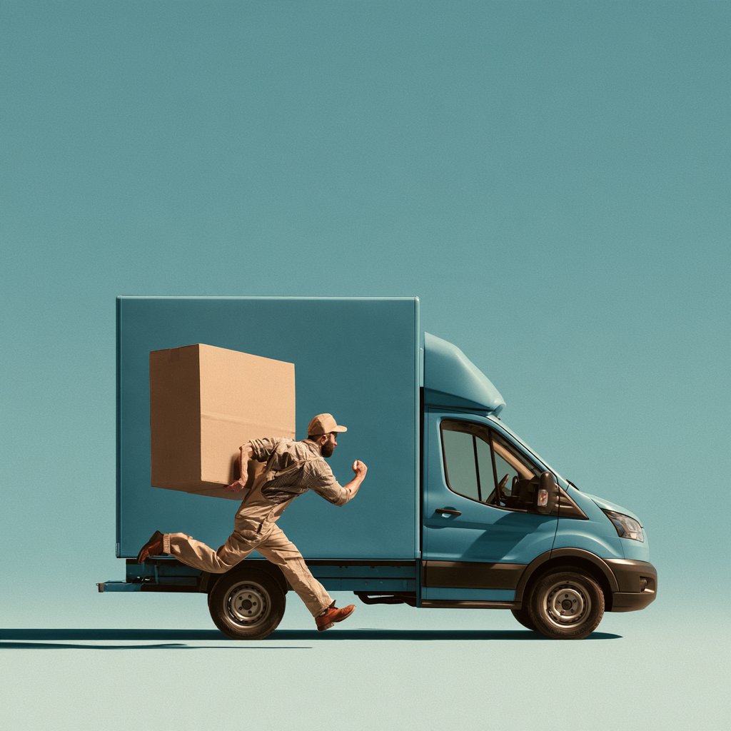 Man running with a large cardboard box beside a blue removal van against a turquoise background.