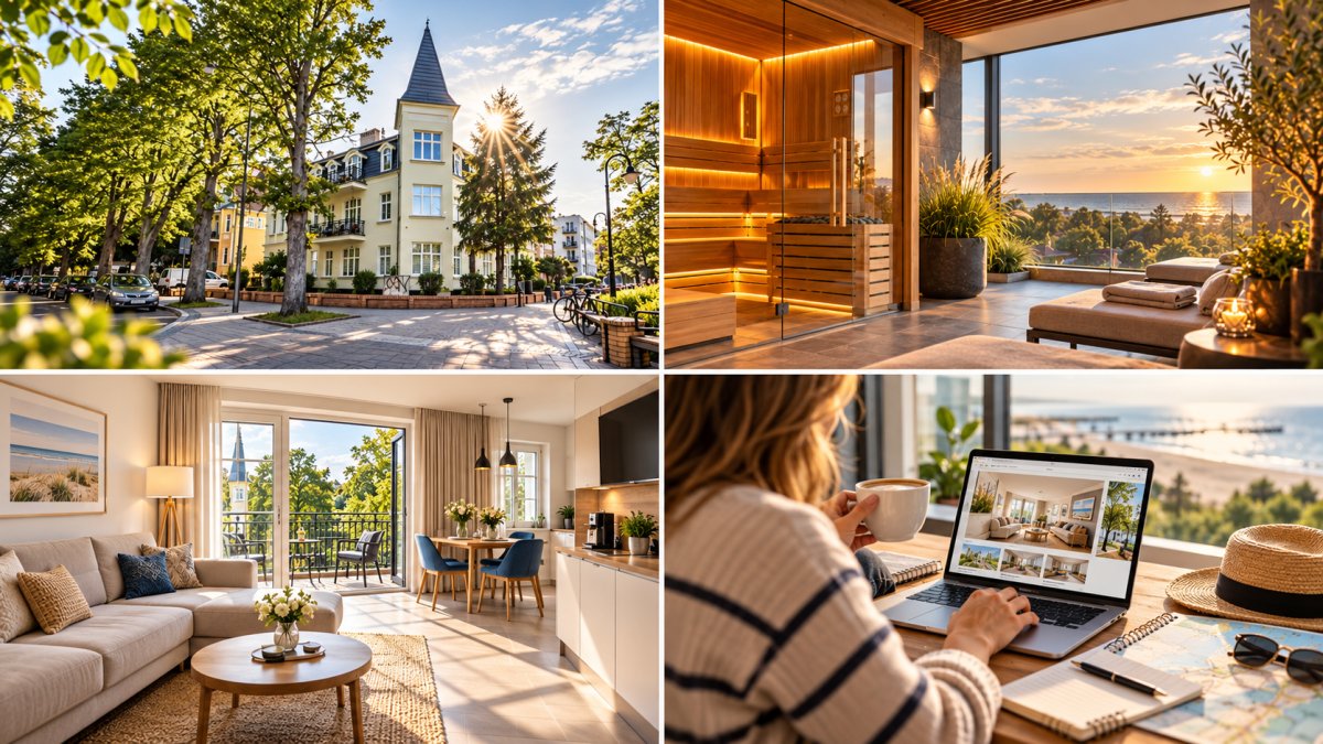 Wynajem apartamentów wakacyjnych w Świnoujściu – kolaż wnętrz, wellness i rezerwacji online