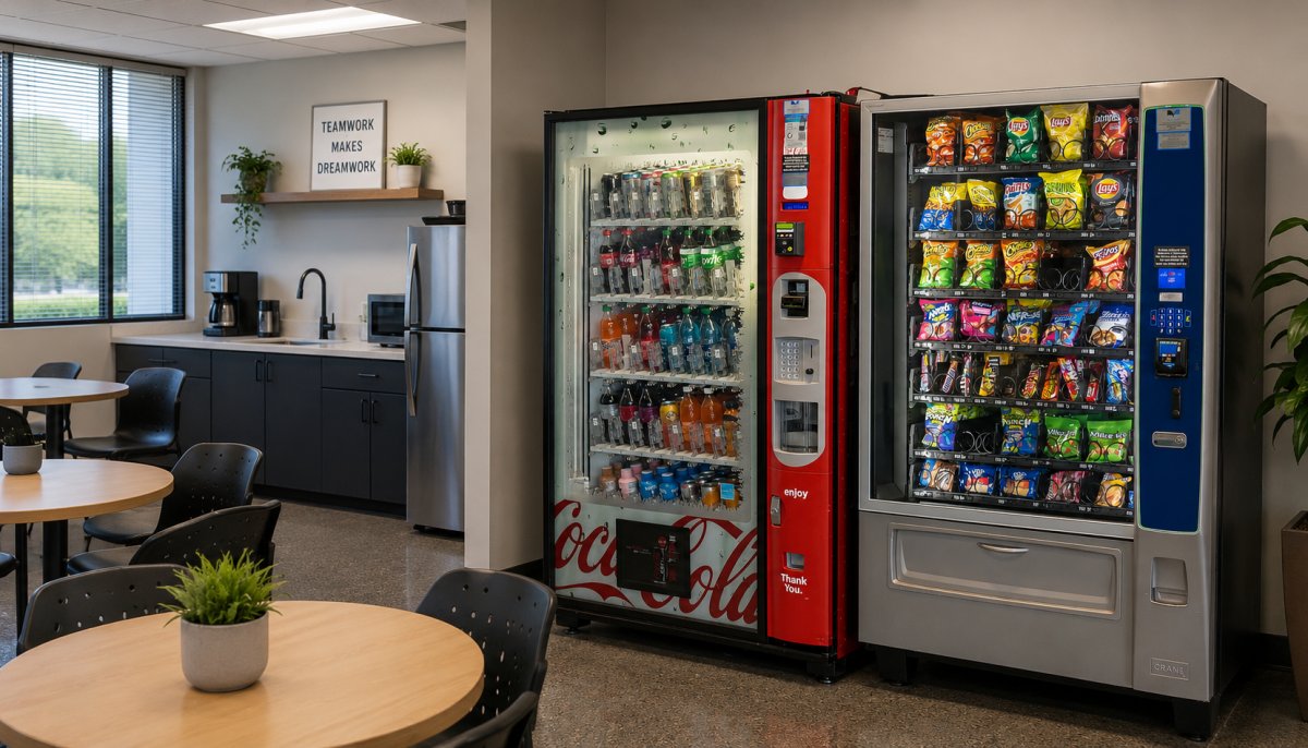 Snack and drink vending machines in a modern office break room