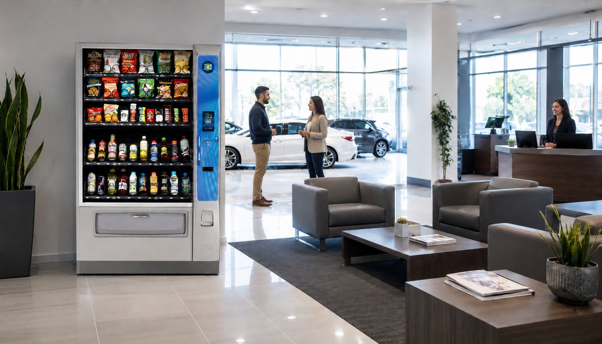combo vending machine in a modern car dealership waiting area
