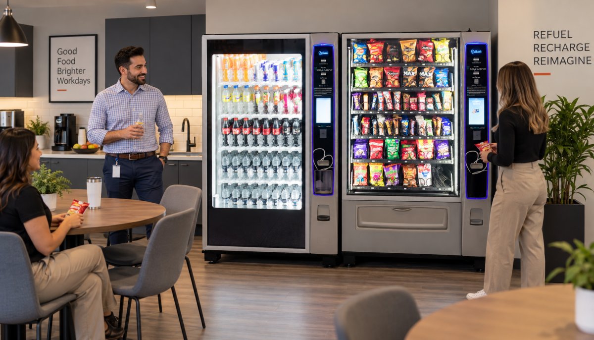 Employees enjoying snacks and drinks at modern glass-front vending machines