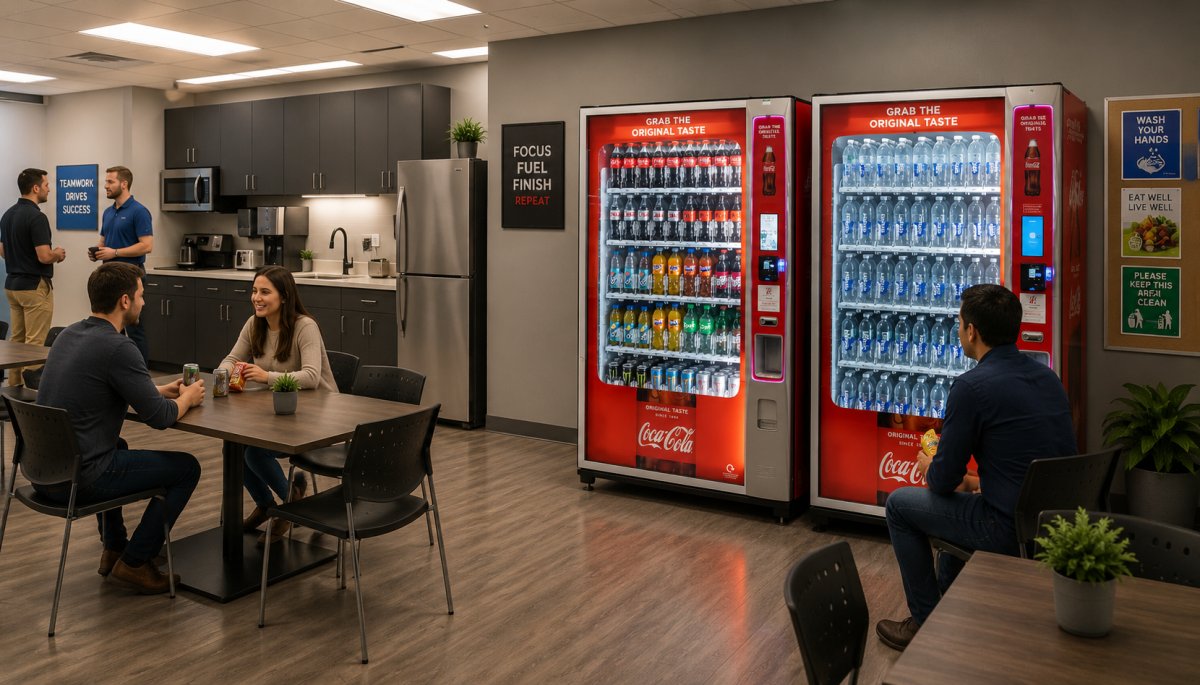 Employees relaxing in a modern office break room with two drink vending machines
