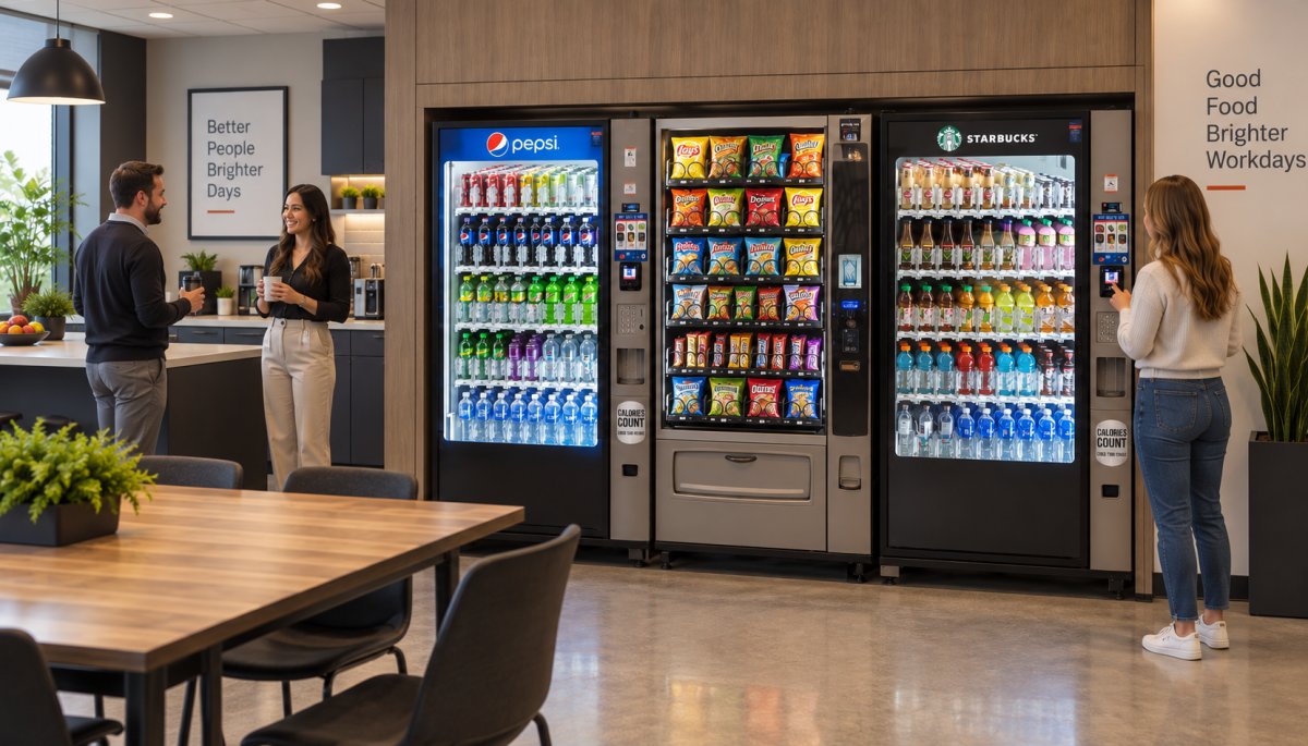 Employees using fully stocked snack and beverage vending machines built into a modern office break room wall