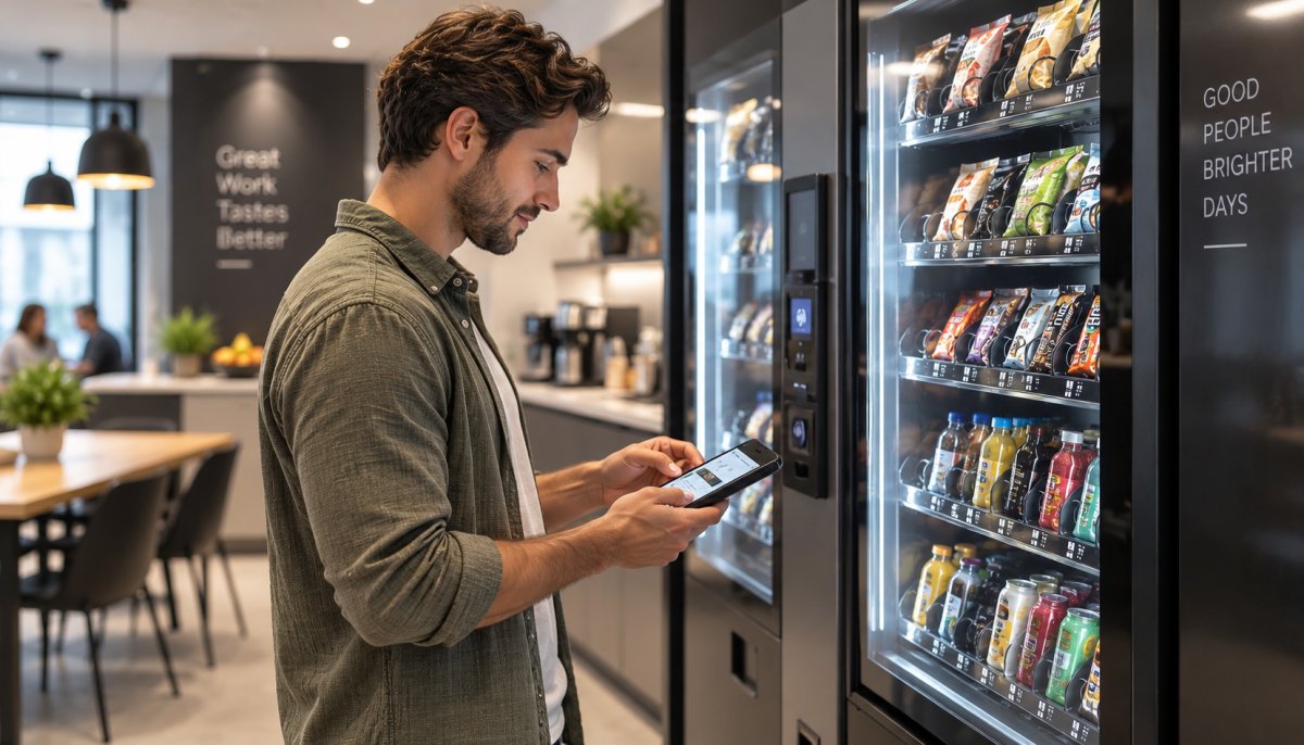 Employee using a smartphone to make a purchase from a snack and drink vending machine