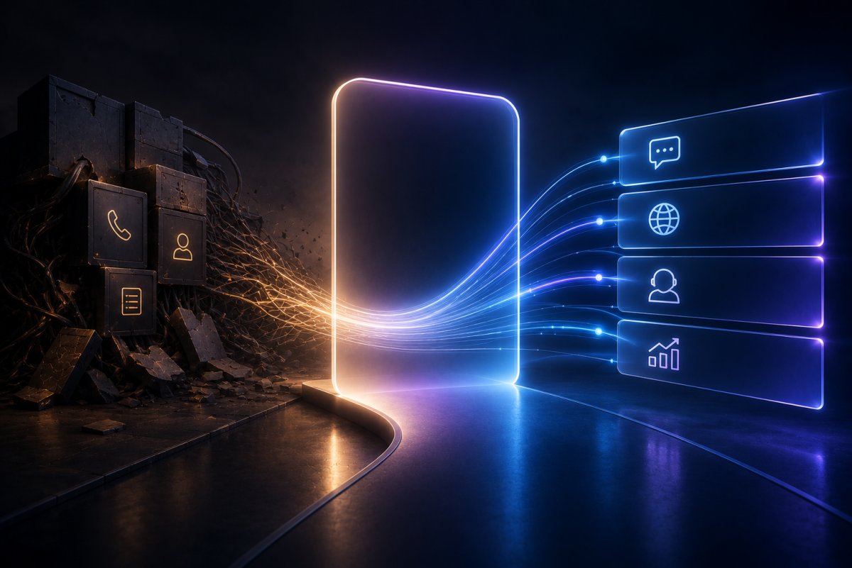Abstract illustration of a legacy contact center evolving into an AI-powered customer service platform through intelligent orchestration, modular modernization, and unified enterprise workflows.