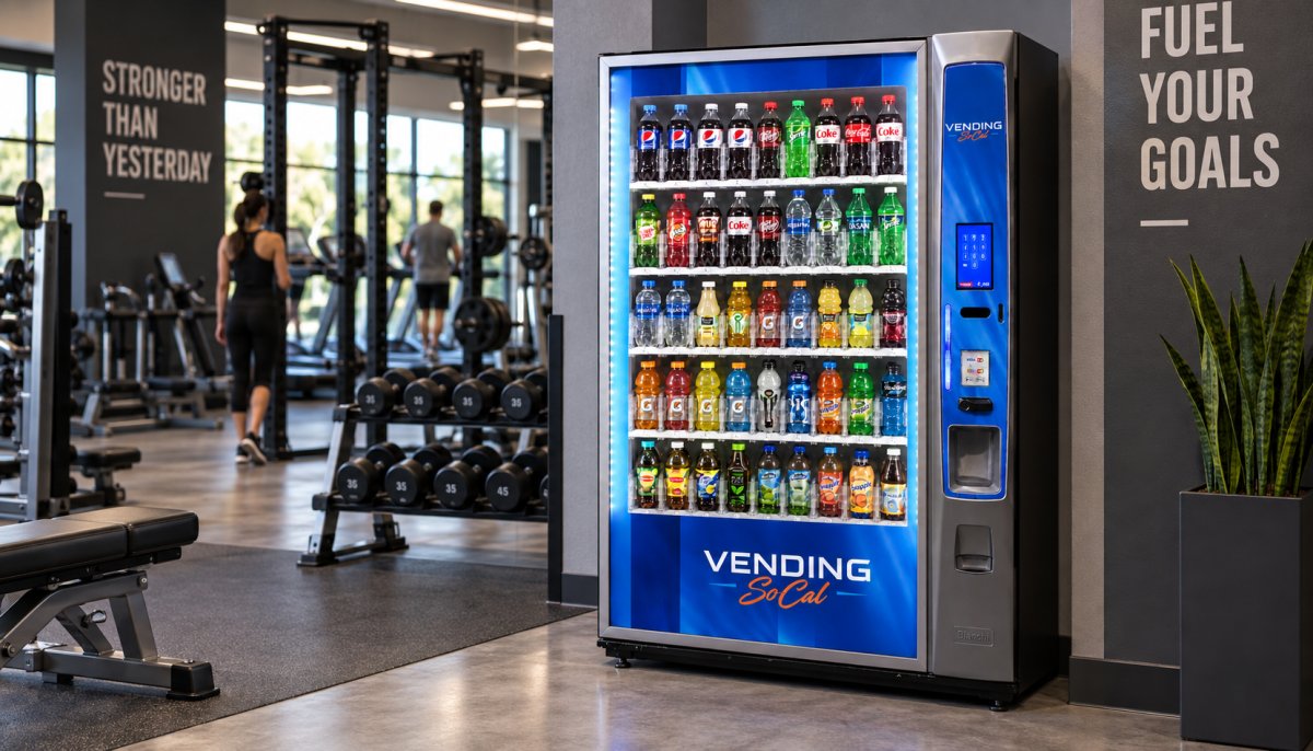 Vending SoCal beverage vending machine stocked with cold drinks inside a modern gym