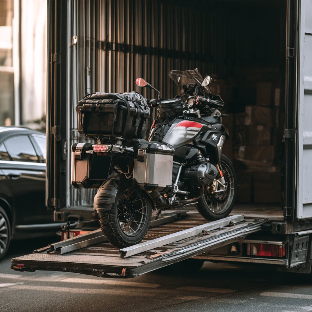 Adventure motorcycle with panniers positioned on a loading ramp at the rear of a transport truck.