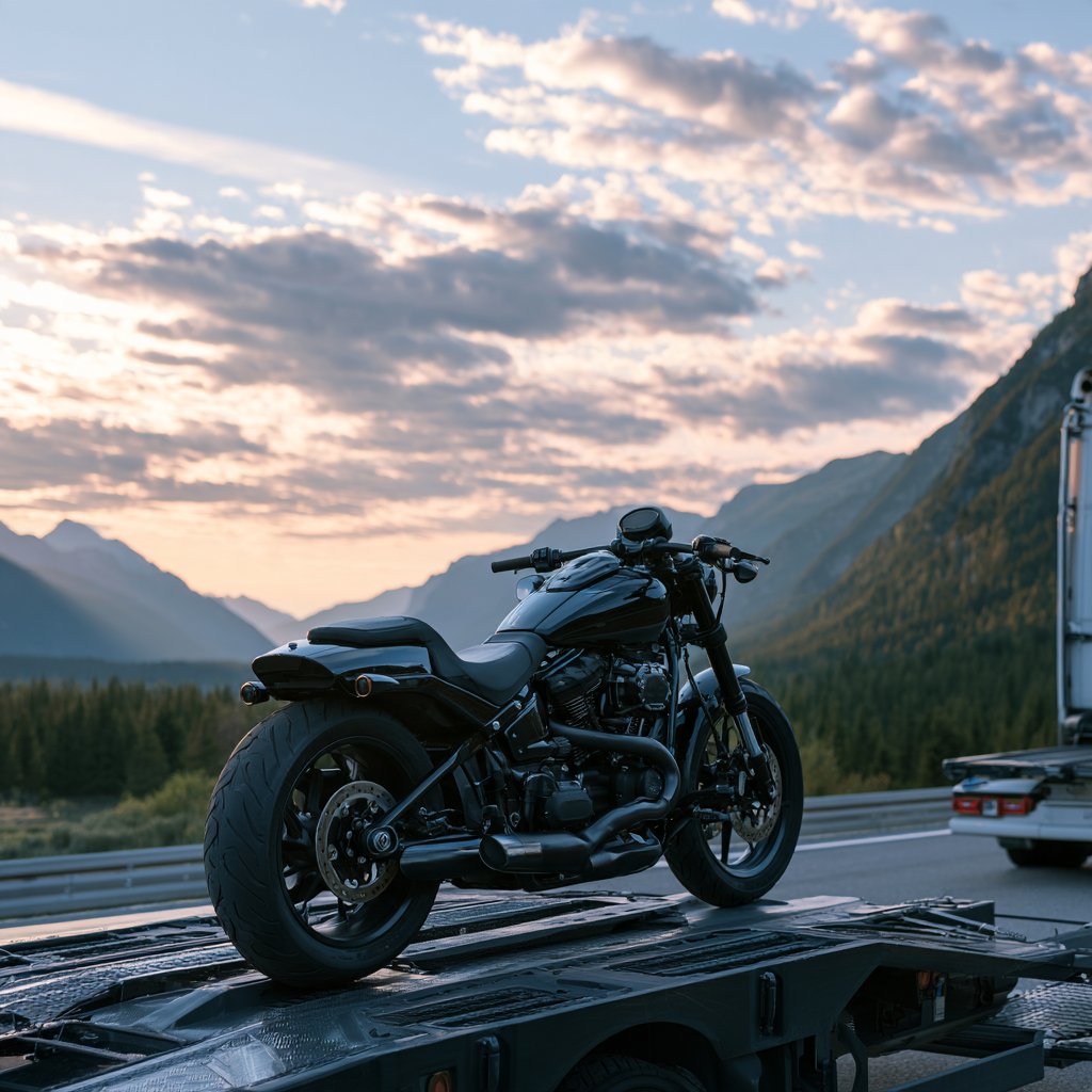 Motorcycle loaded in a transport van for delivery across Europe