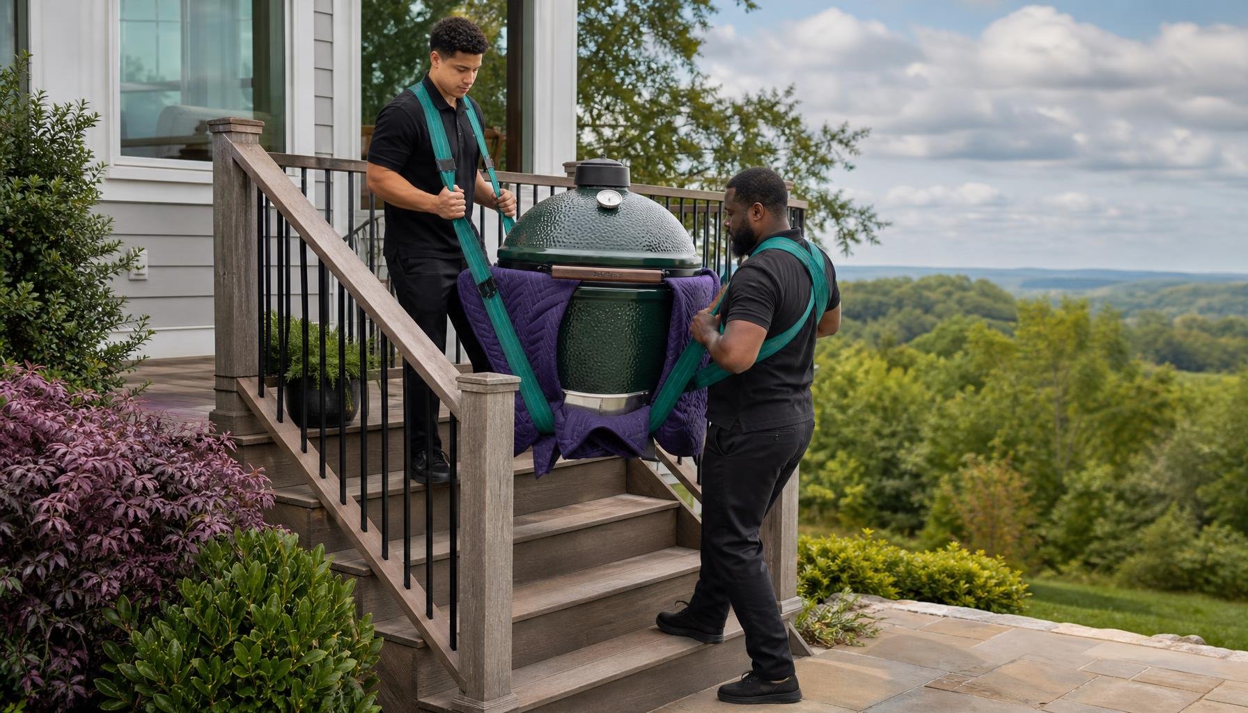 Moving a Heavy Ceramic Smoker Grill Down Deck Stairs in Haymarket