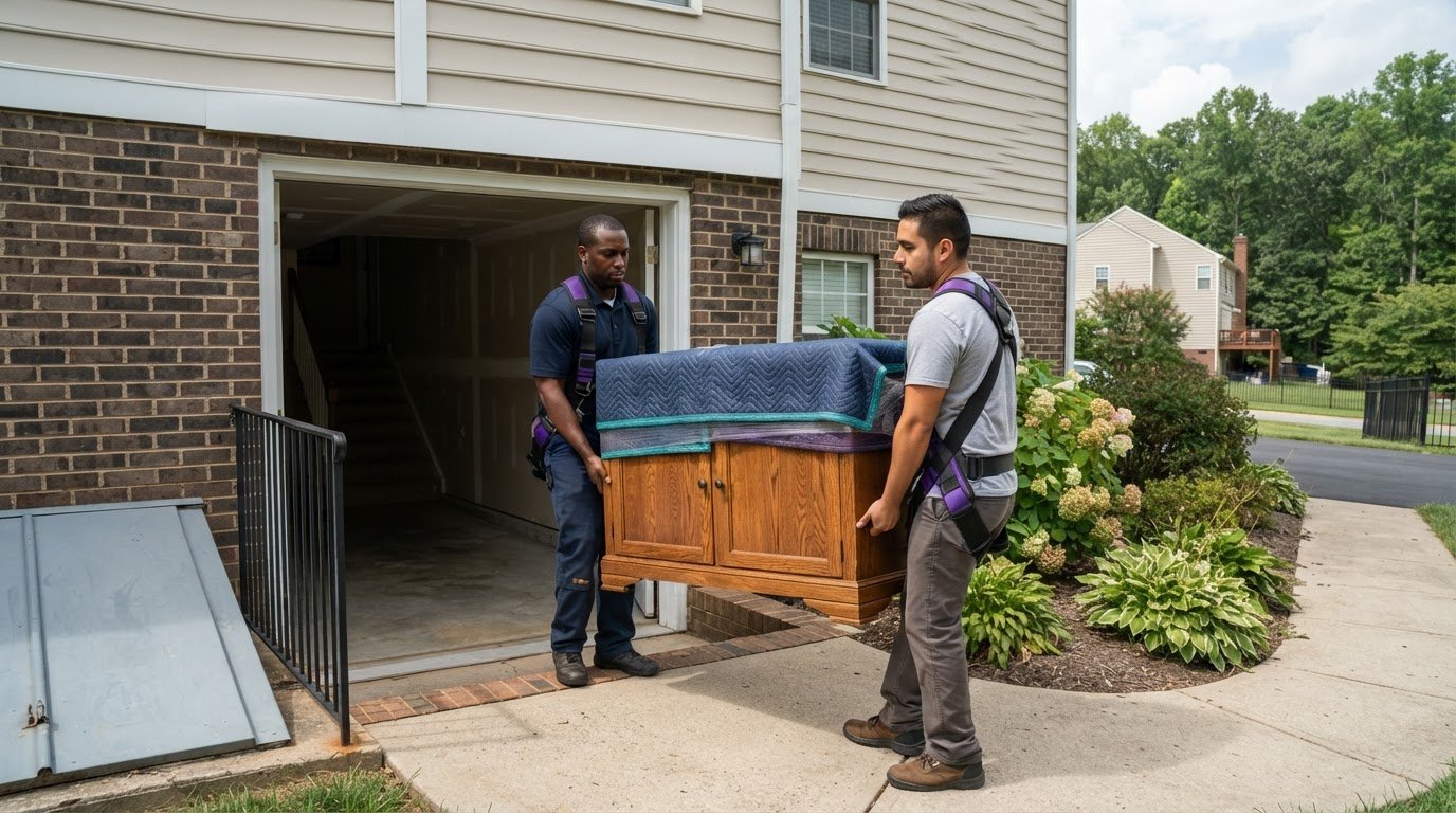 Moving a Heavy Solid Oak Credenza Into a Manassas Park Walkout Basement