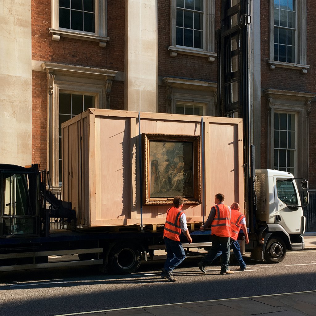 Movers in orange safety vests beside a truck carrying a large wooden crate with a framed painting attached to its side