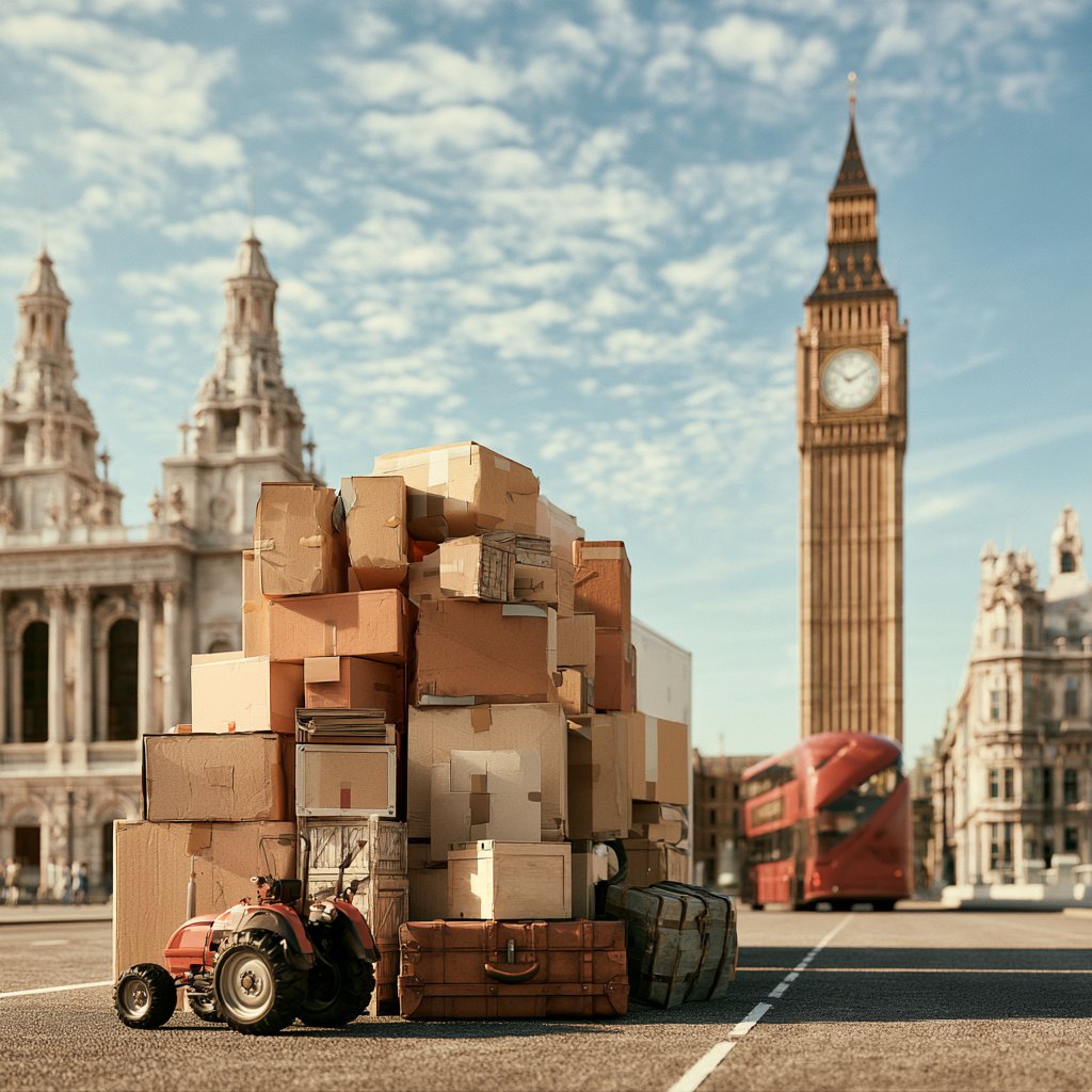 Stacked moving boxes and suitcases beside a small red tractor, with Big Ben and a red double-decker bus in the background.