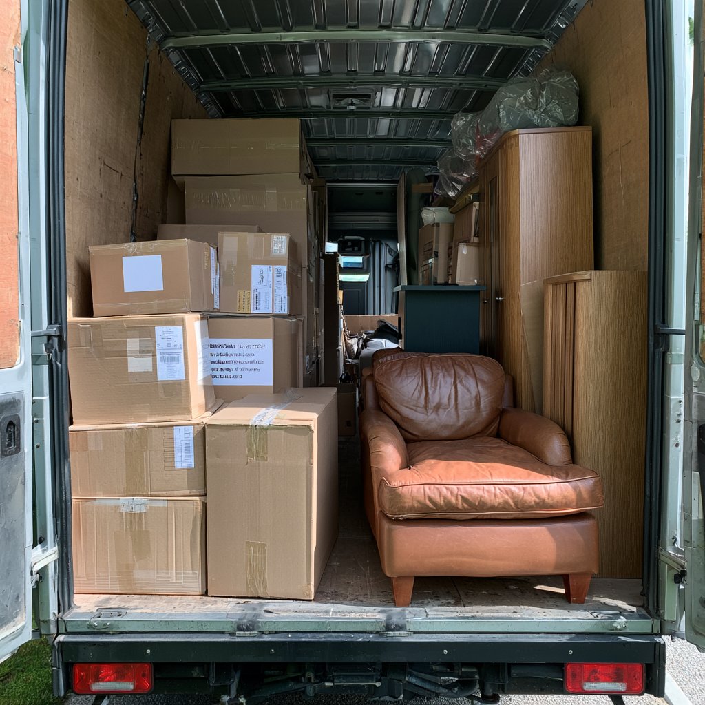 “Moving boxes and furniture secured inside a removal van to Denmark.”