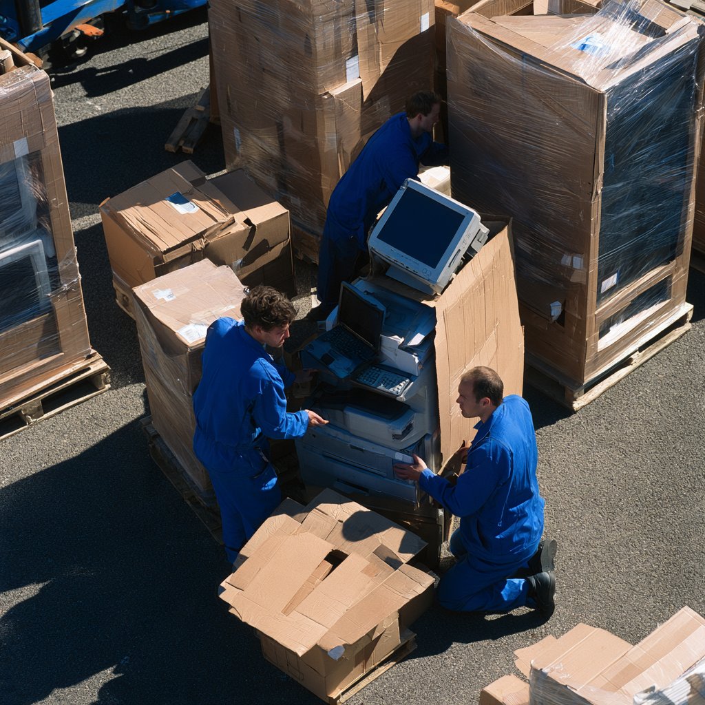 Three workers in blue overalls handling computer equipment among cardboard boxes and shrink-wrapped pallets.