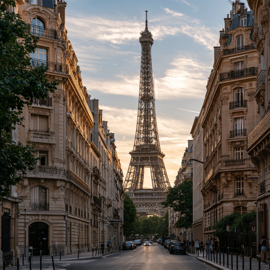 Eiffel Tower viewed along a Paris street lined with apartment buildings at sunset.