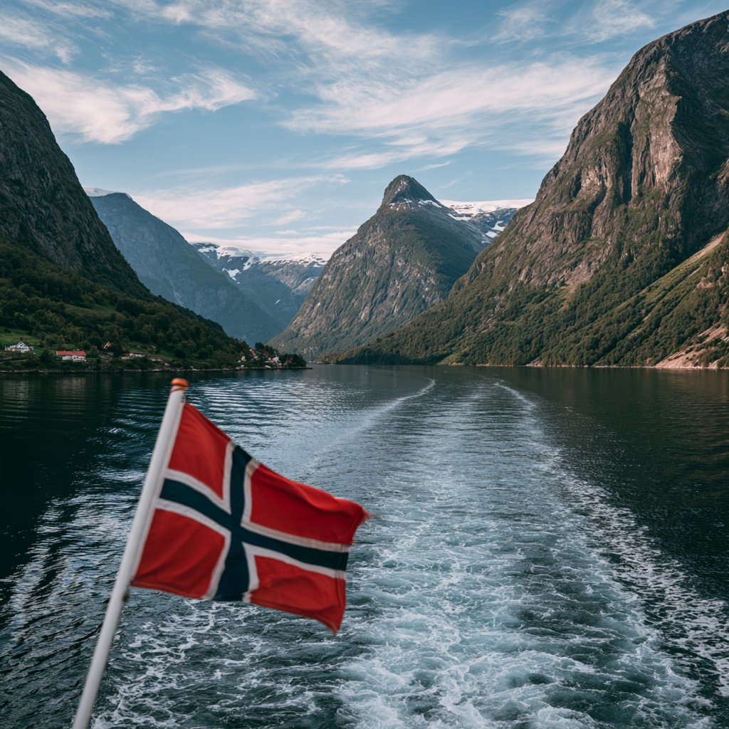 Norwegian flag flying at the stern of a boat travelling through a fjord surrounded by steep mountains.