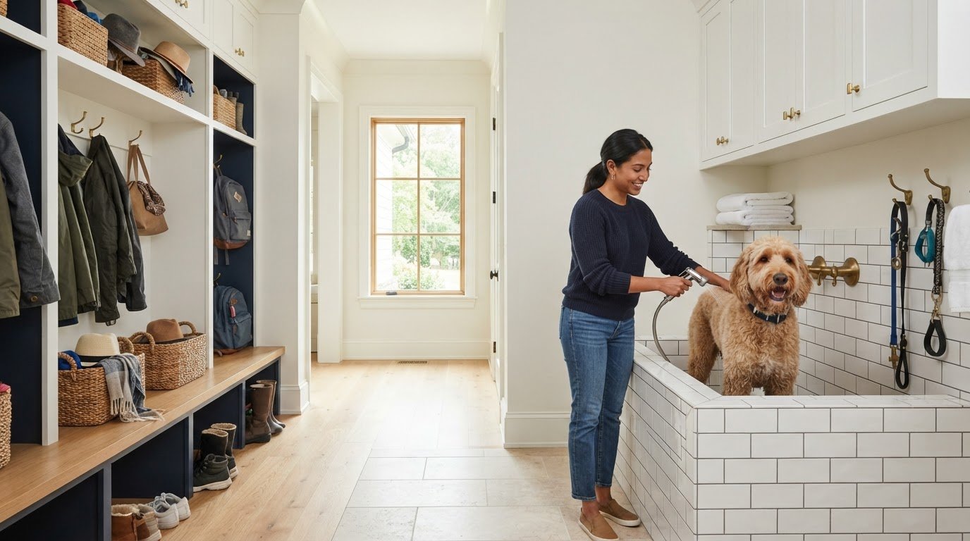 Mudroom Addition With Dog Wash Station and Custom Cubbies in Short Pump, VA