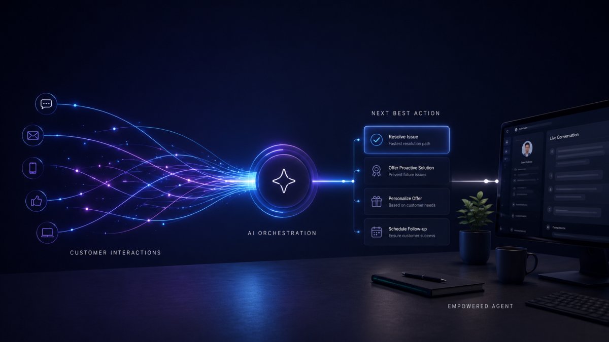 Enterprise visualization of AI-driven next best action orchestration guiding customer service agents with real-time recommendations and intelligent decision support.