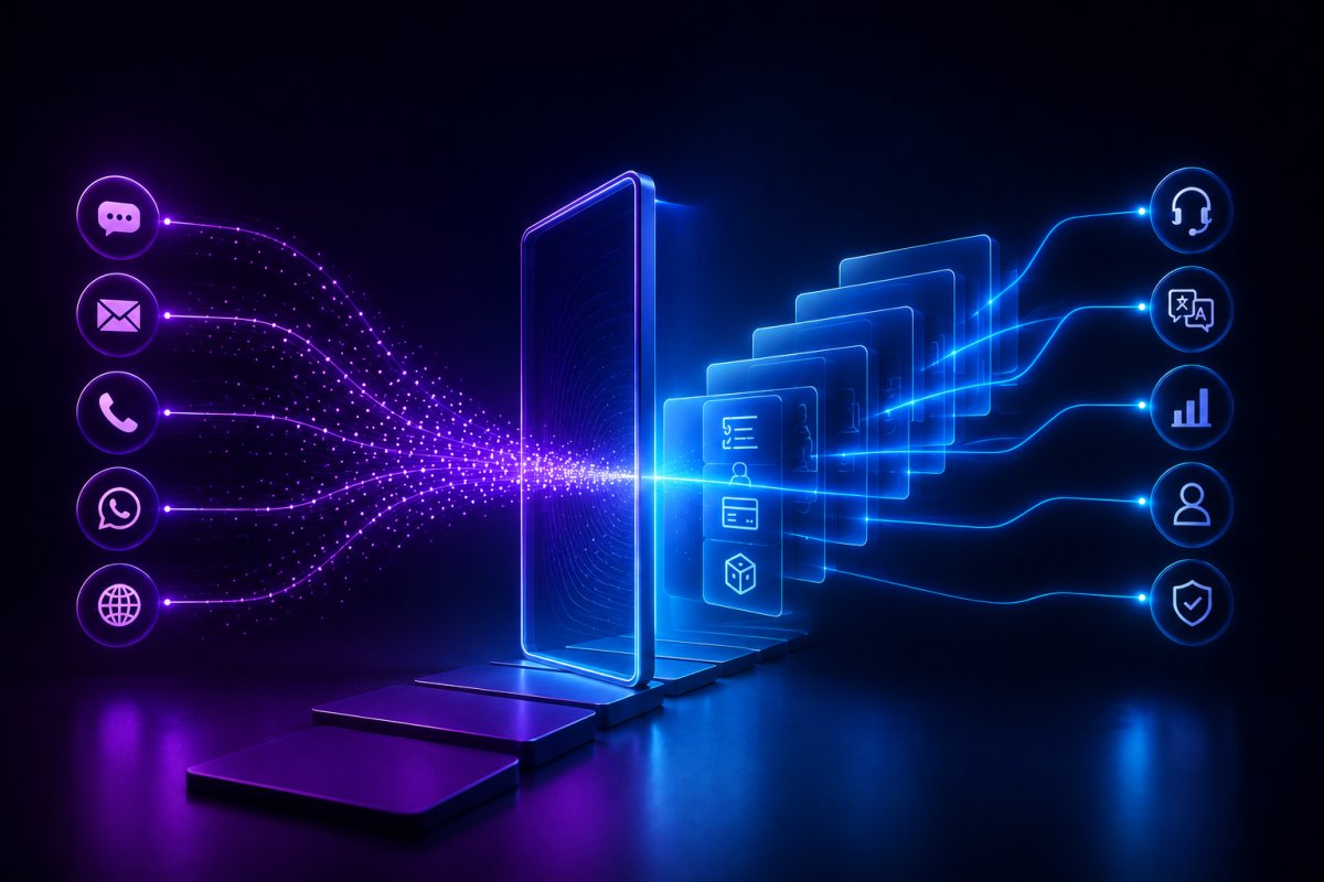 Conversational AI integration connecting customer channels with intelligent automation, multilingual support, analytics and secure enterprise workflows.