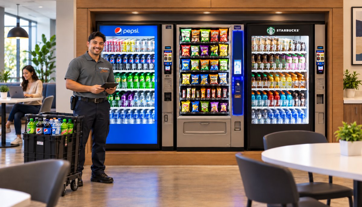 Vending SoCal service technician standing beside snack and drink machines in a modern office break room, showcasing no-cost vending machine placement for businesses