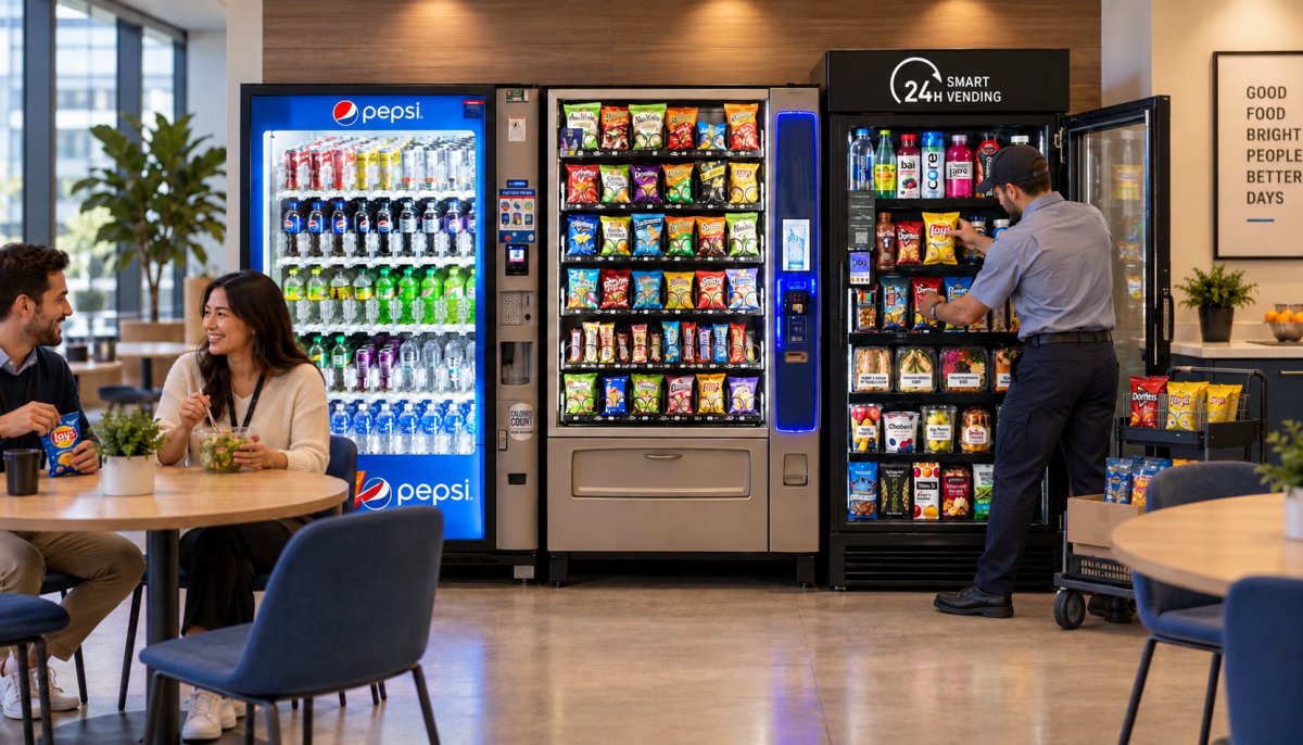Vending service technician restocking snack and food vending machines in a modern office breakroom.