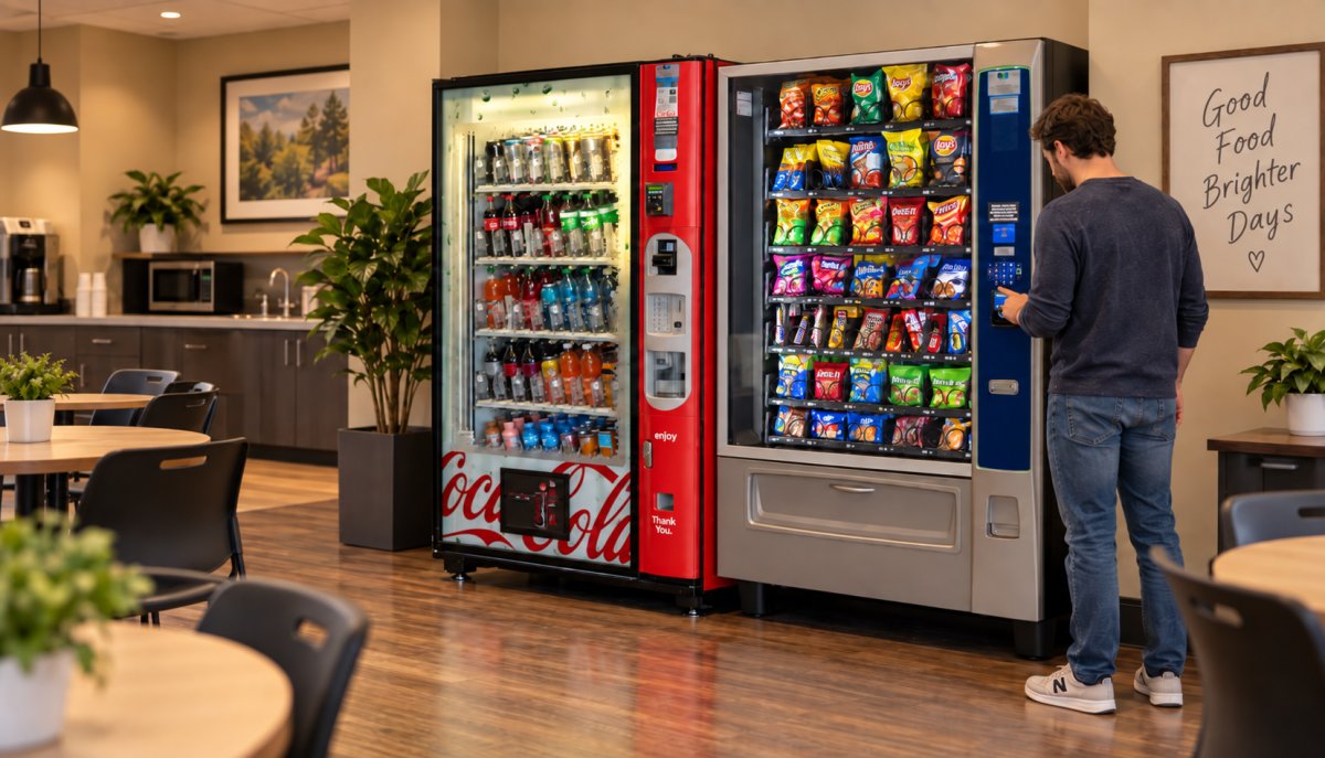 Employee purchasing snacks from a vending machine beside a fully stocked Coca-Cola drink machine in a modern office breakroom.