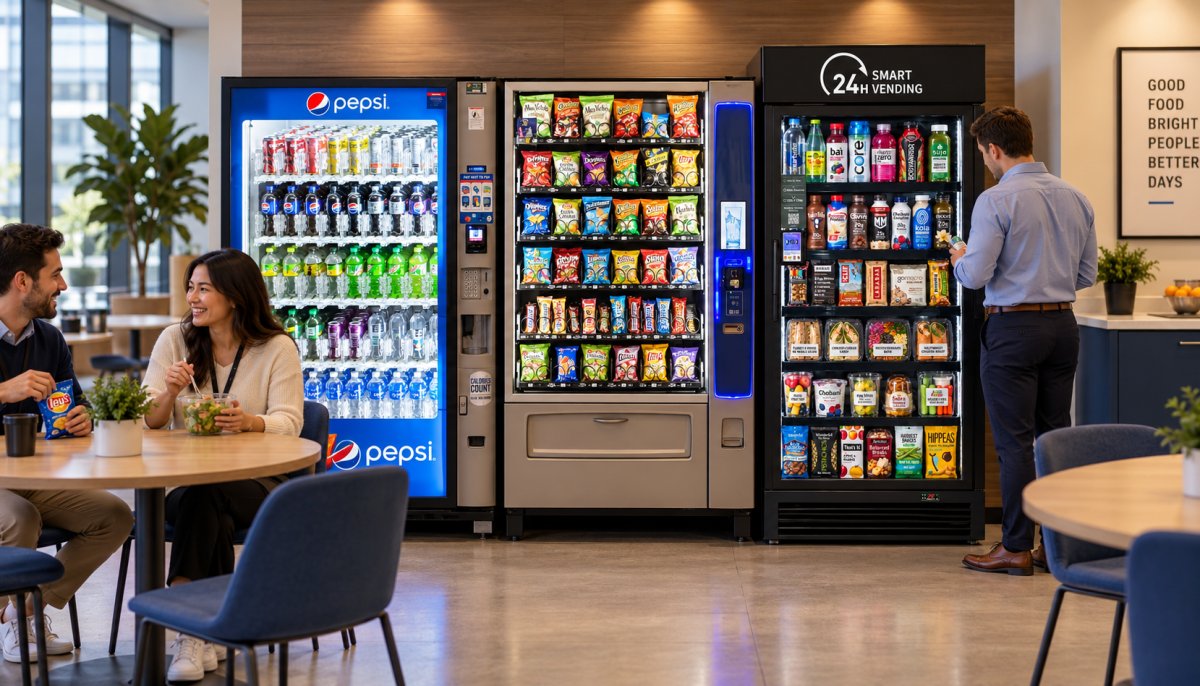 Modern office break room with snack, beverage and healthy food vending machines, where employees enjoy lunch and socialize.