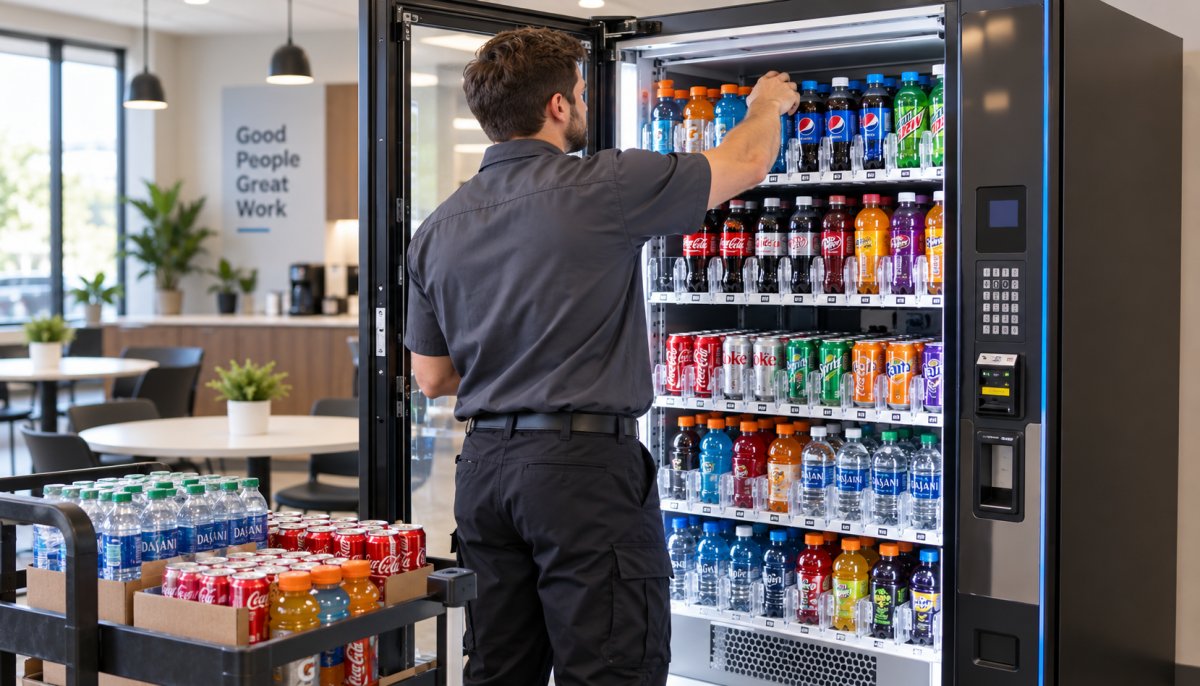 Uniformed vending machine technician restocking a beverage vending machine with soda, water and sports drinks in a modern office break room.