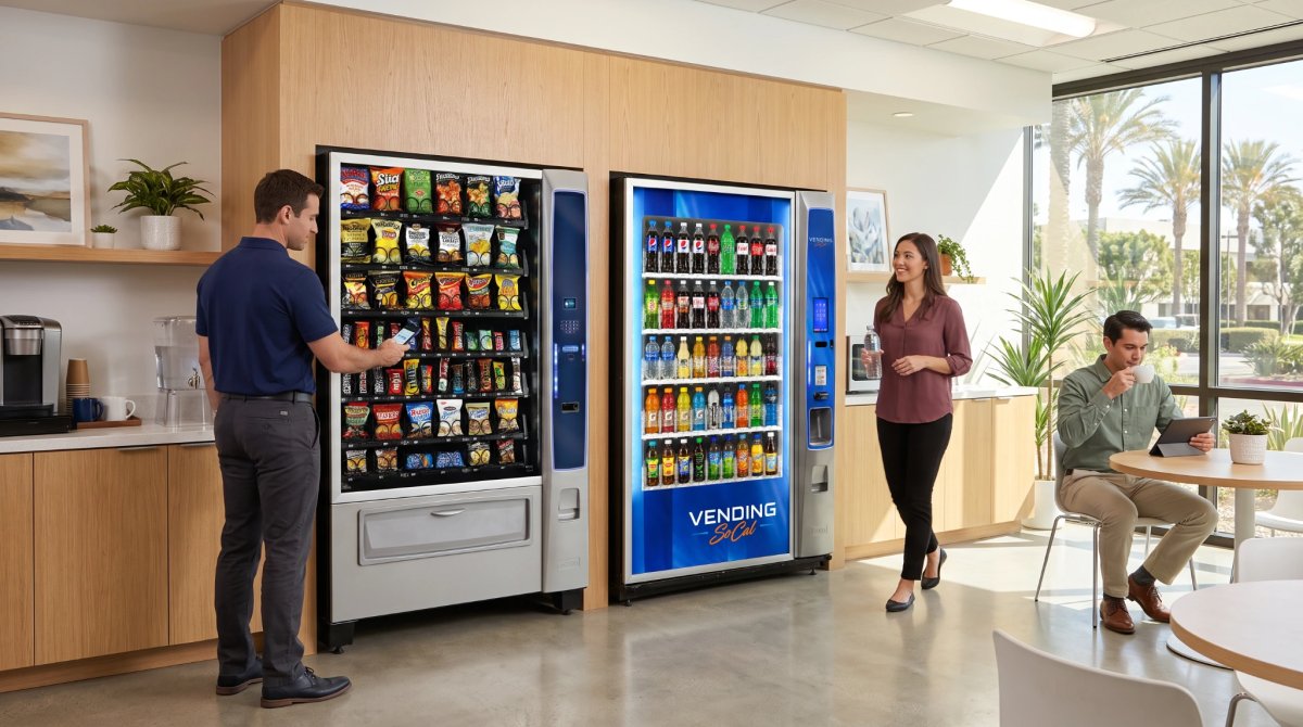 Two commercial vending machines in a modern Irvine office breakroom, with employees purchasing drinks and enjoying refreshments