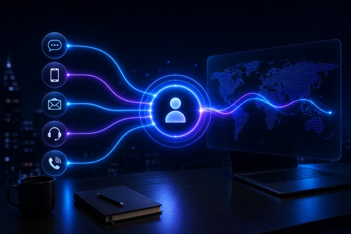 Enterprise visualization of omnichannel customer service software unifying customer conversations across voice, chat, email and social channels into a single intelligent customer experience.