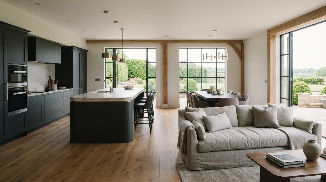 Open-plan kitchen living room ideas in Cranage: create a space that flows