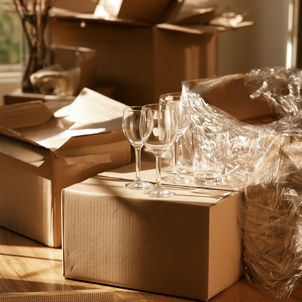 Carefully packing fragile items for an international move