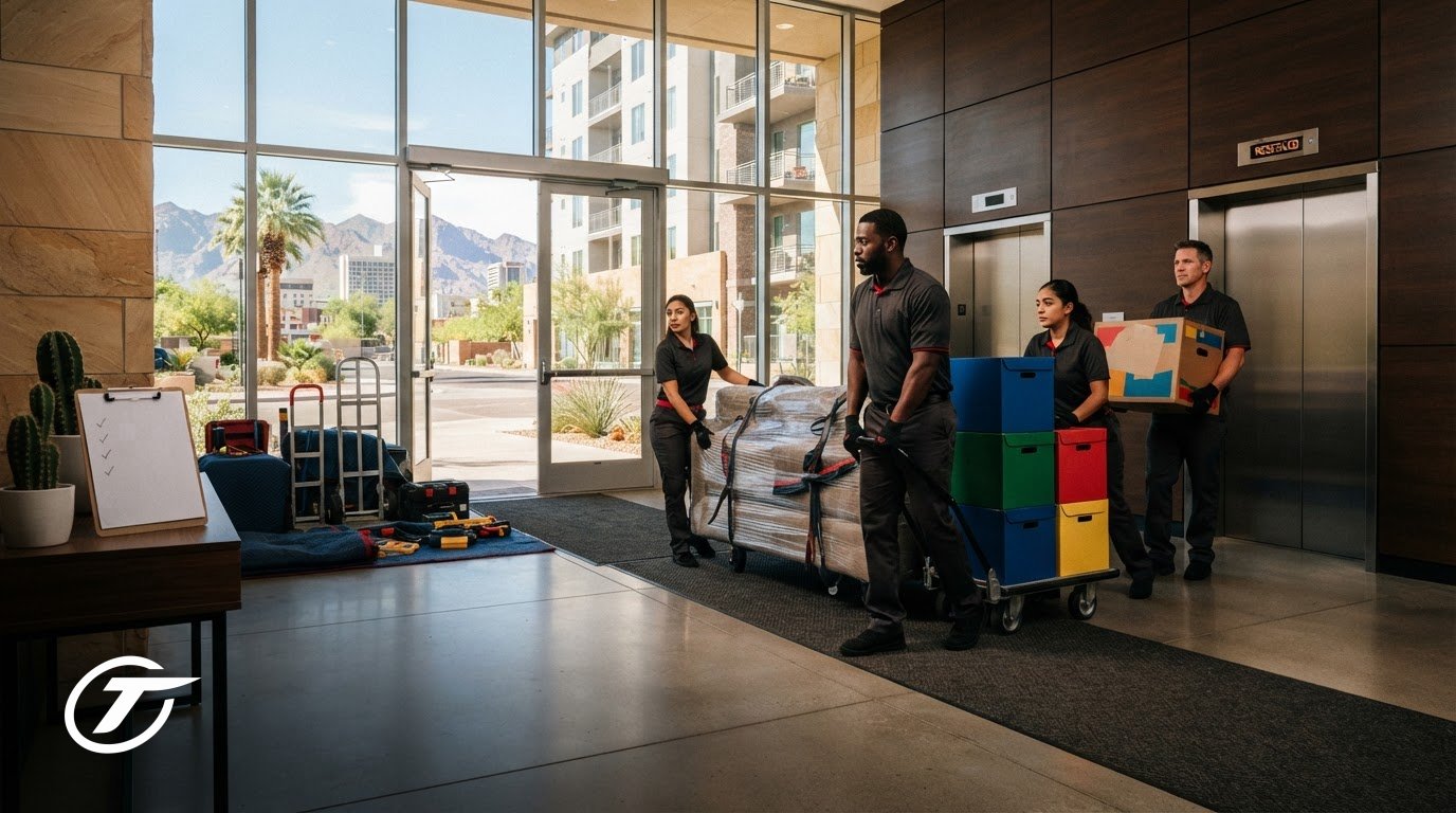 Illustration of 4 movers handling wrapped furniture and boxes in an apartment lobby.