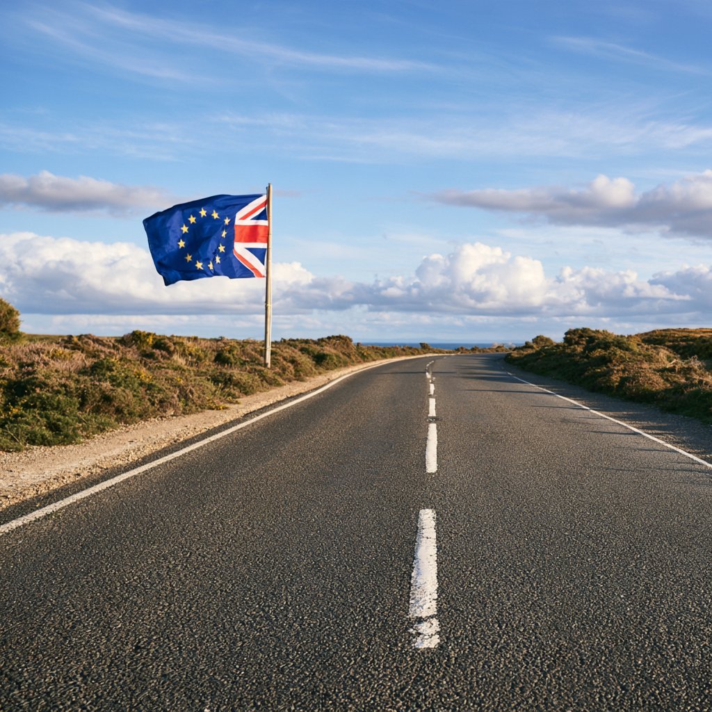 lag combining EU stars and the Union Jack beside an empty road through open countryside.