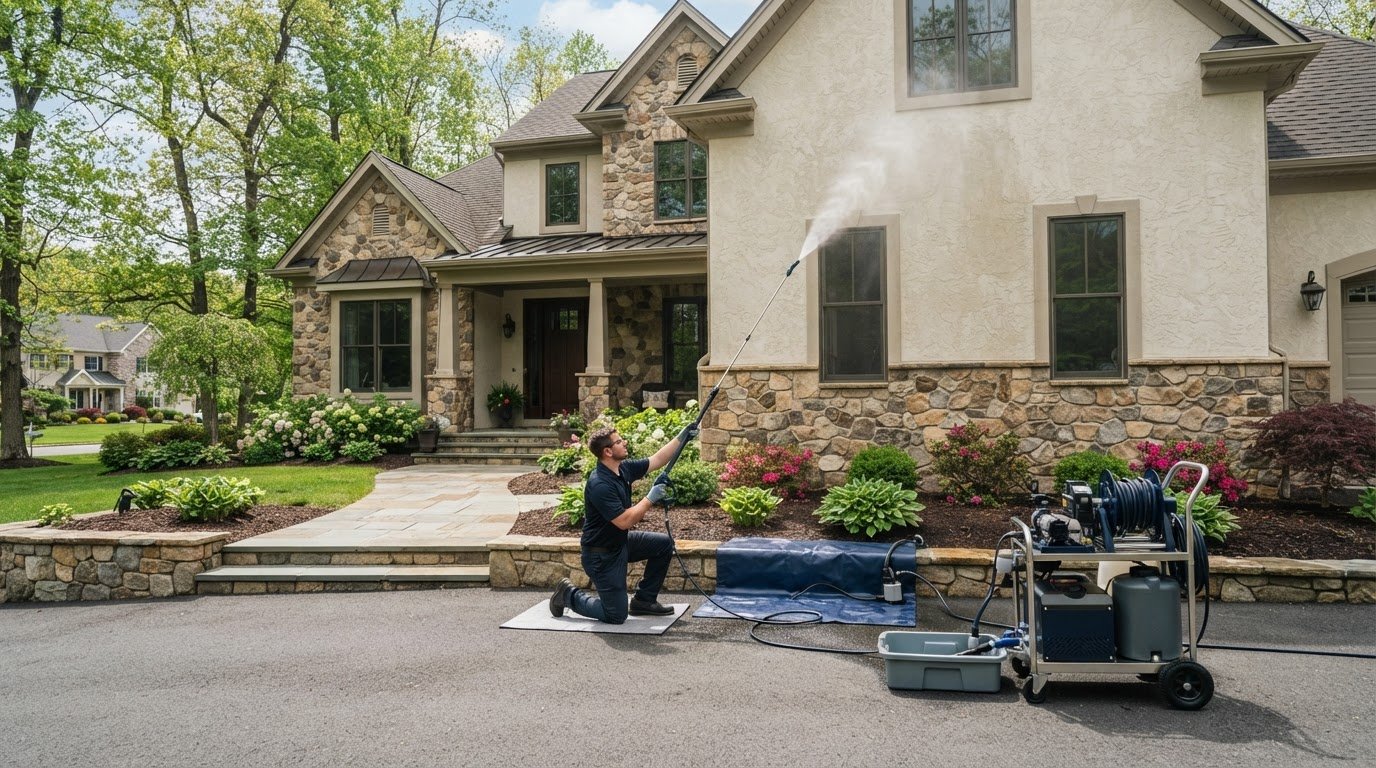 Power Washing in Plumsteadville PA for Stucco and Stone Facades