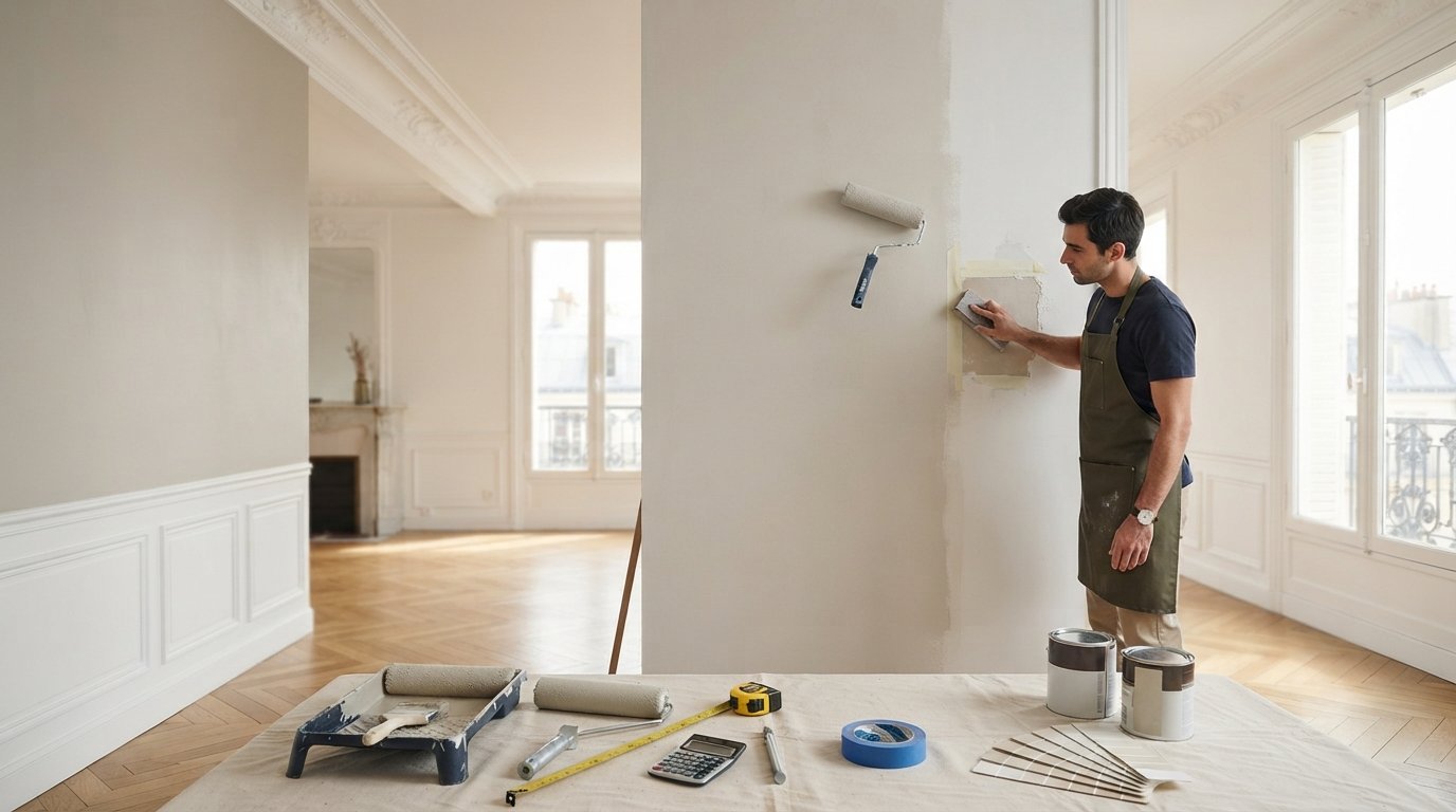 Illustration IA : application de peinture dans un intérieur, sans représentation d’un chantier SOWBTP.