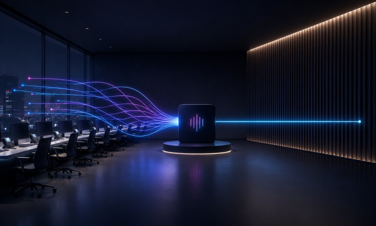 Modern contact center operations visual showing AI orchestration reducing average handle time through intelligent conversation routing and workflow automation.