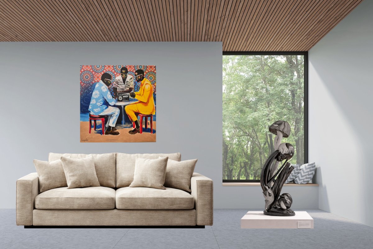 Stone Sculpture - Resting by Sampson Kuvenguhwa - Painting by Barry Lungu - The Announcement