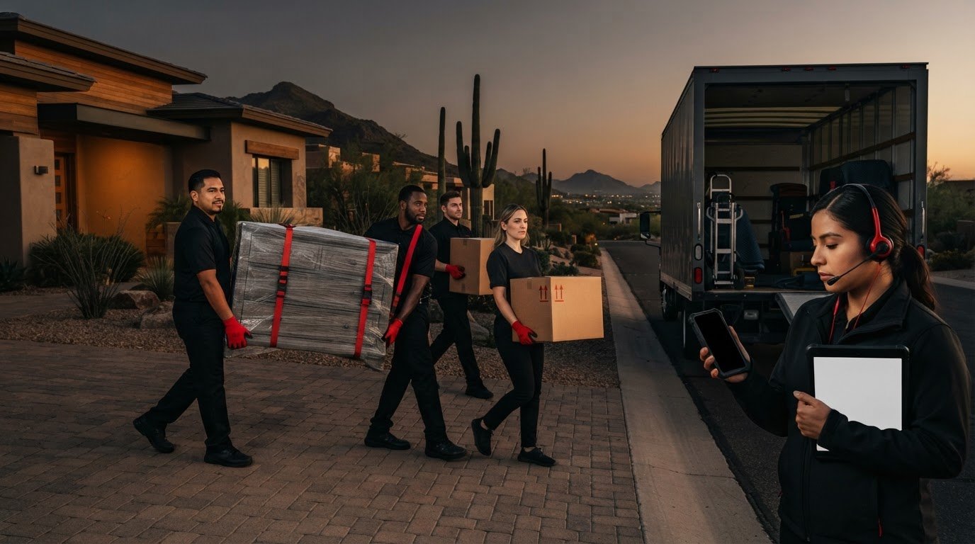 Illustrative moving crew carrying wrapped furniture and boxes beside a truck; a coordinator checks a phone.