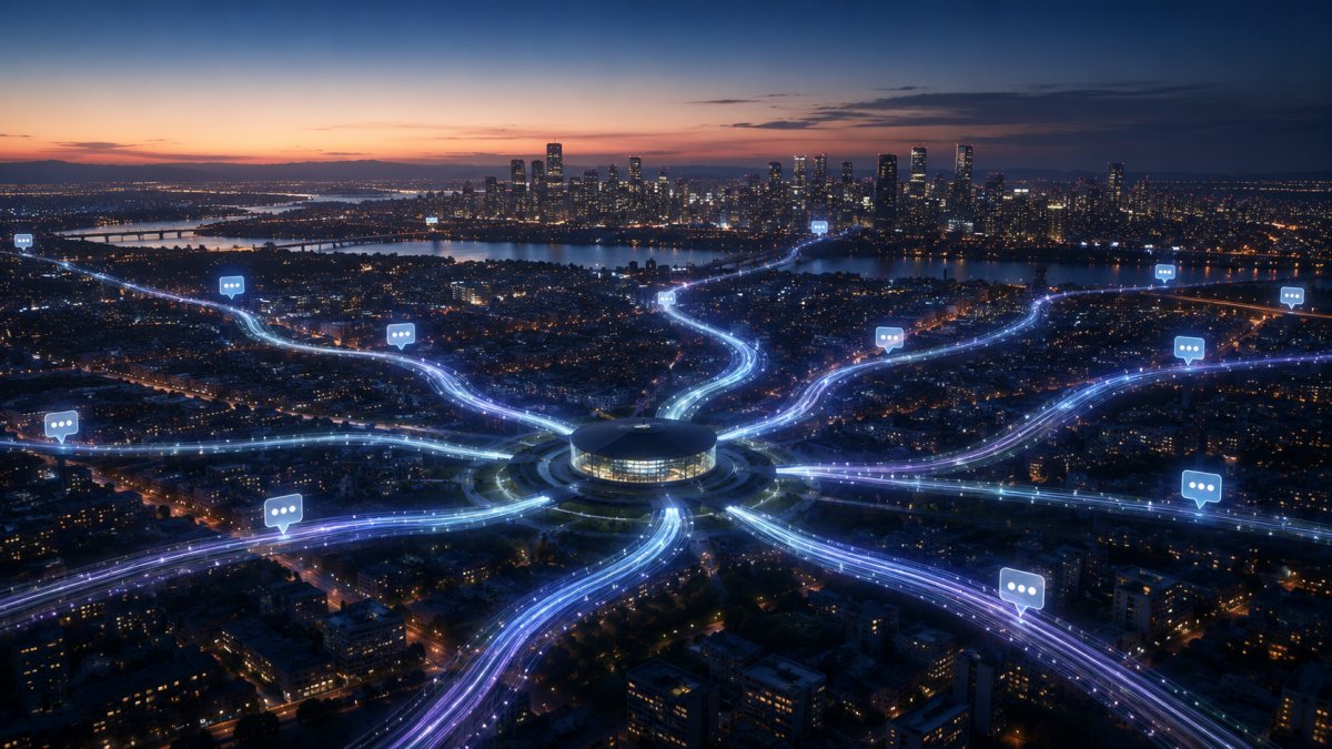 Aerial view of a modern city where thousands of customer interactions are intelligently orchestrated through a central AI-powered enterprise support platform, representing scalable customer support.