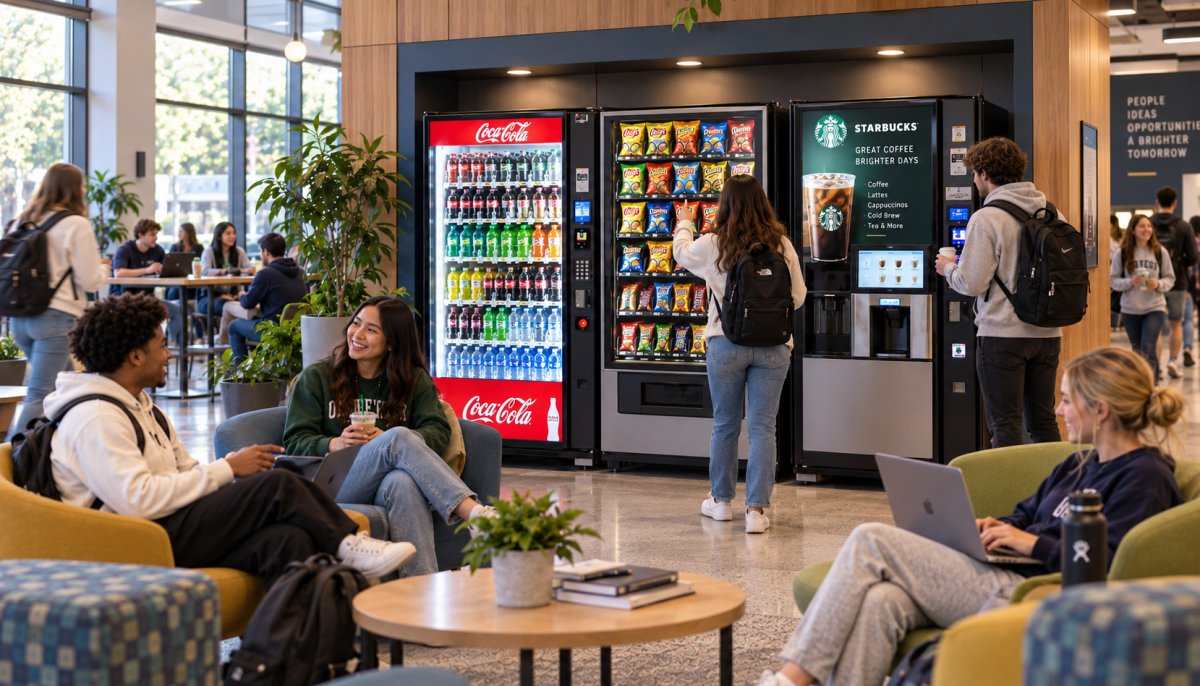 College students using snack, drink and coffee vending machines in a modern campus lounge.