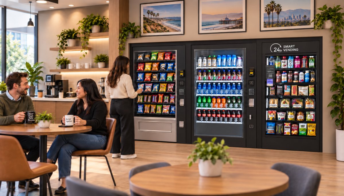 Employees relaxing near built-in snack, drink, and fresh food vending machines in a modern office break room.