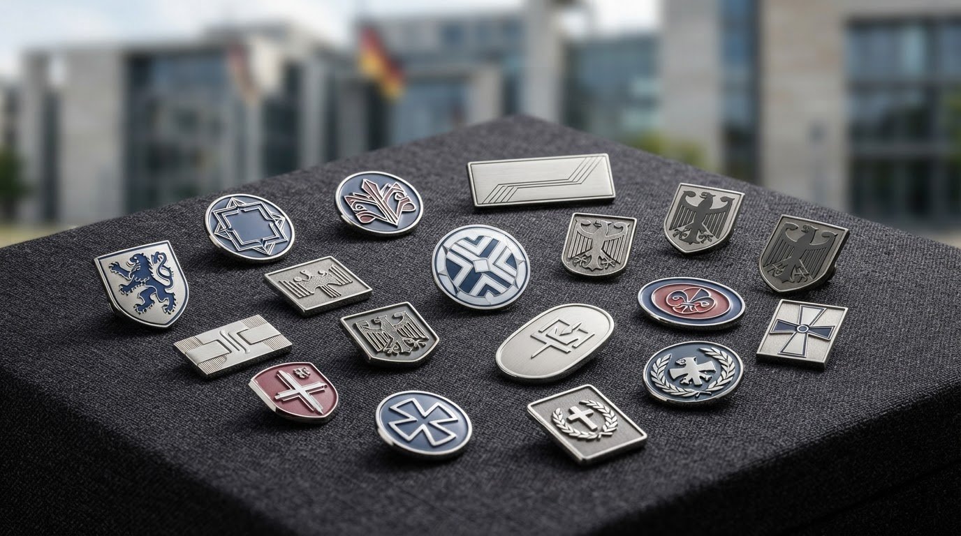 Silberfarbene Metall-Pins mit Logo, Motiv oder Wappen
