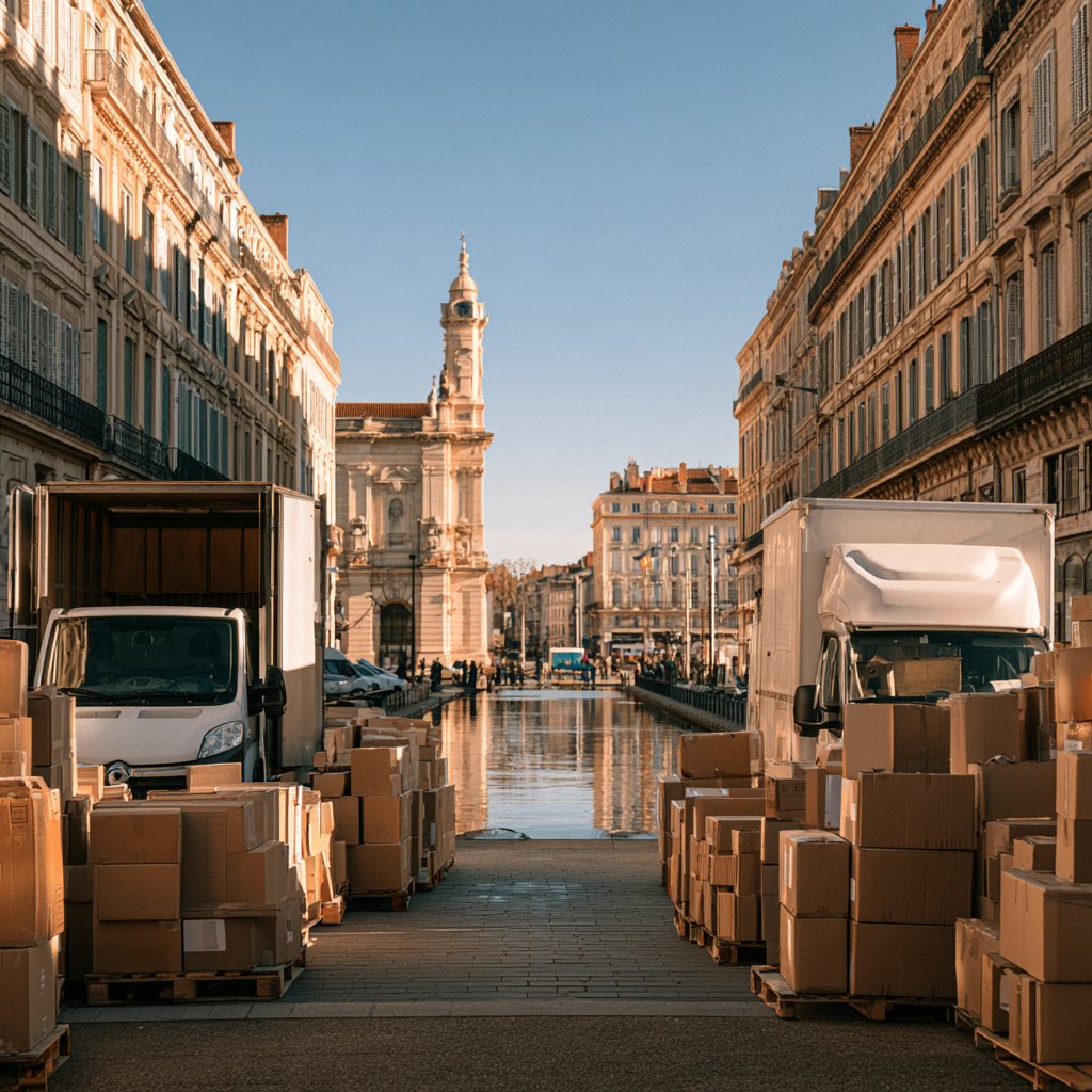 Small load of moving boxes and furniture in a van for a move from the Netherlands to France