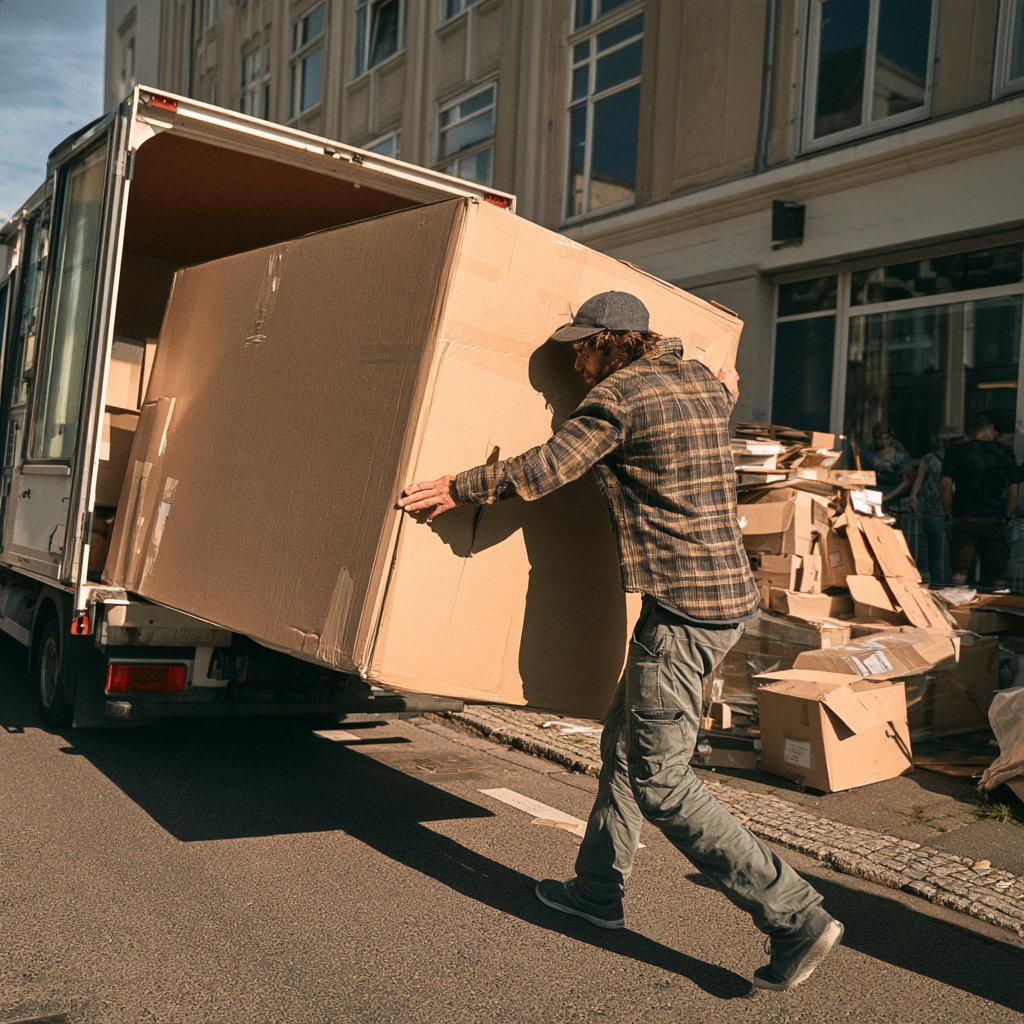 Mover loading a large cardboard-wrapped item into a van for a small remova