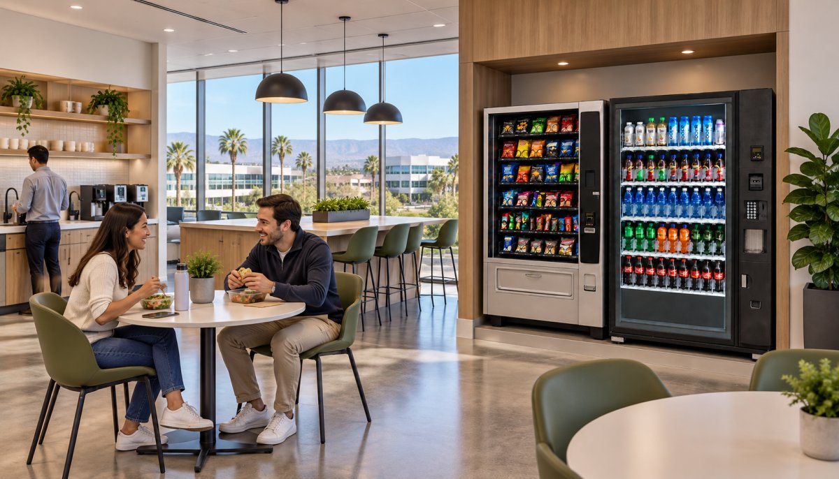 Employees having lunch in a modern office break room with snack and drink vending machines