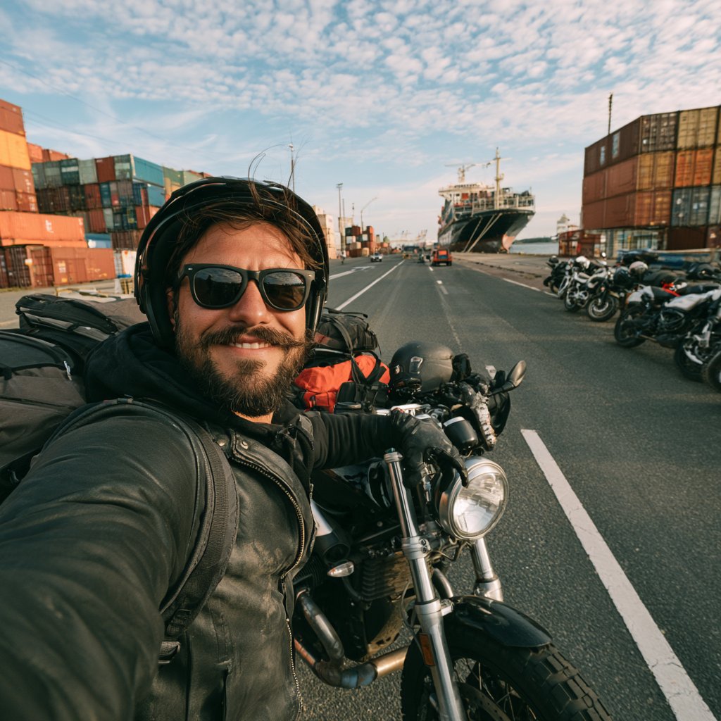 Motorcyclist with touring motorcycle at a shipping port for international motorcycle transport