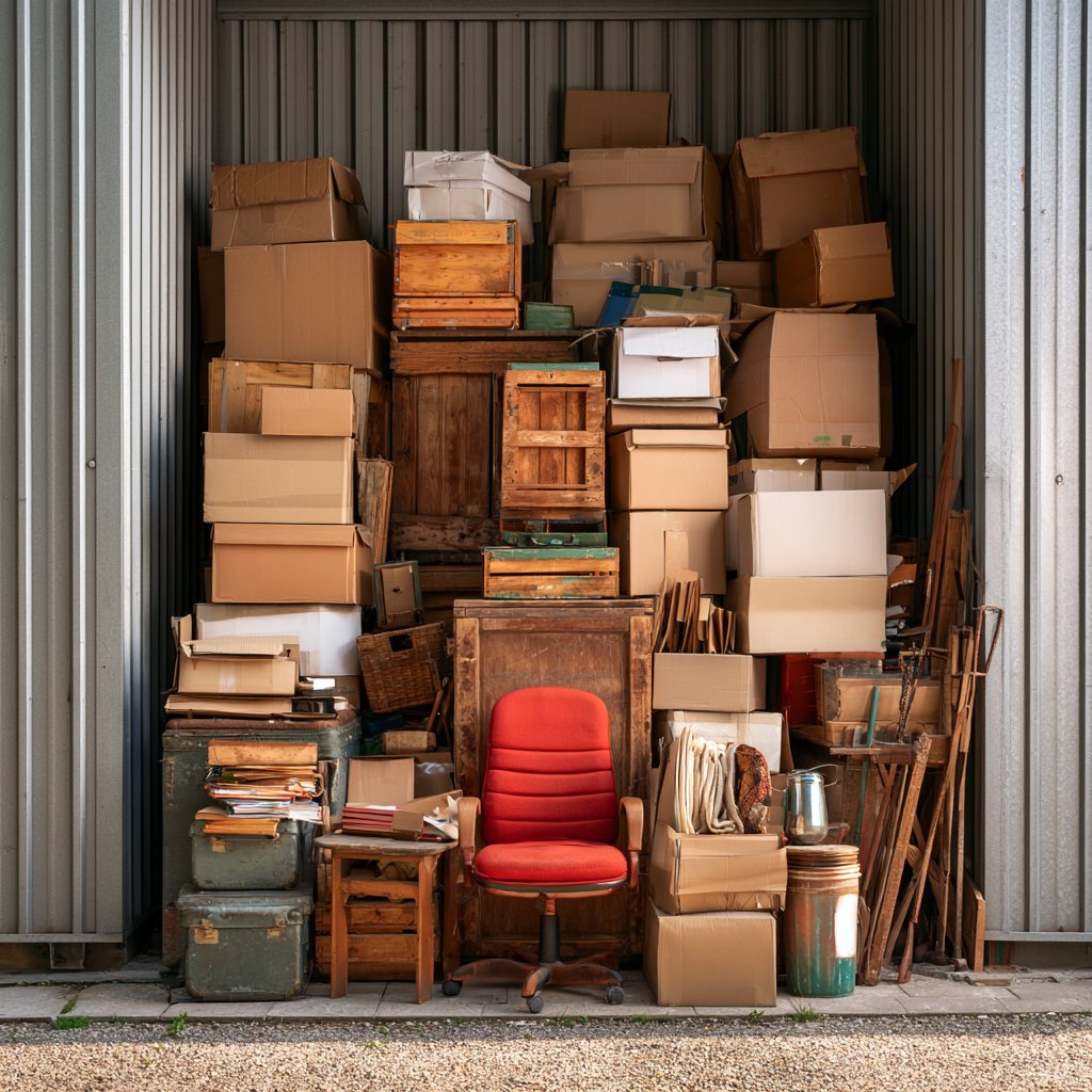 Open storage unit filled with stacked cardboard boxes, wooden crates, furniture and a red office chair.