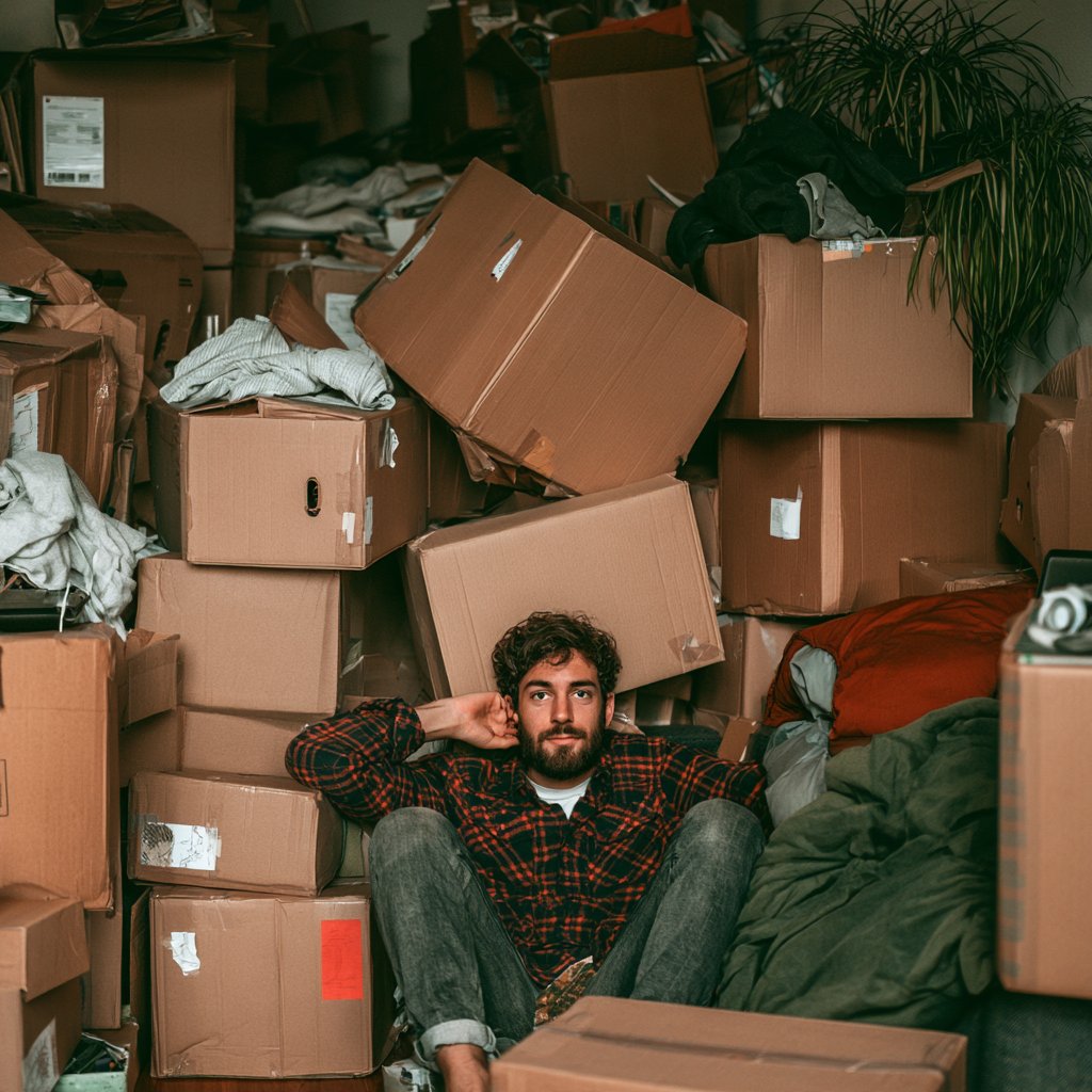 Man sitting among moving boxes and household belongings during a small European move