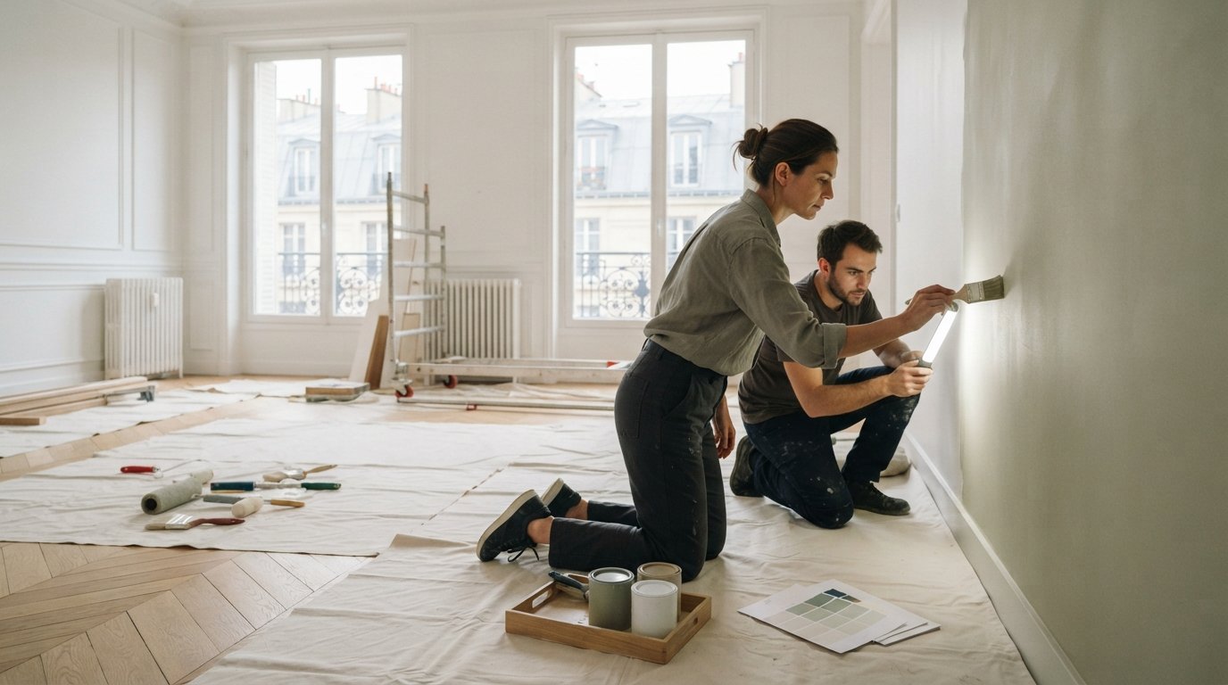 Illustration IA : préparation de murs intérieurs avant peinture, sans représentation d’un chantier SOWBTP.